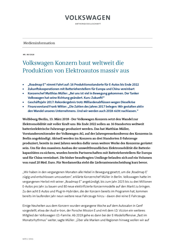 Pressemitteilung - Volkswagen Konzern baut weltweit die Produktion von Elektroautos massiv aus