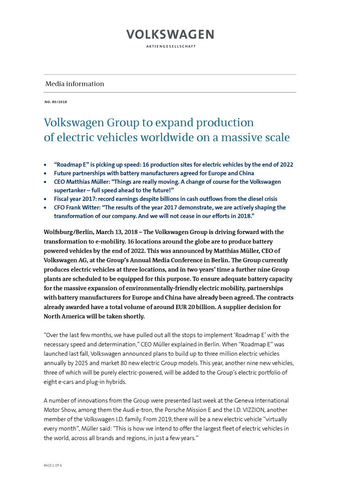 Press Release - Volkswagen Group to expand production of electric vehicles worldwide on a massive scale