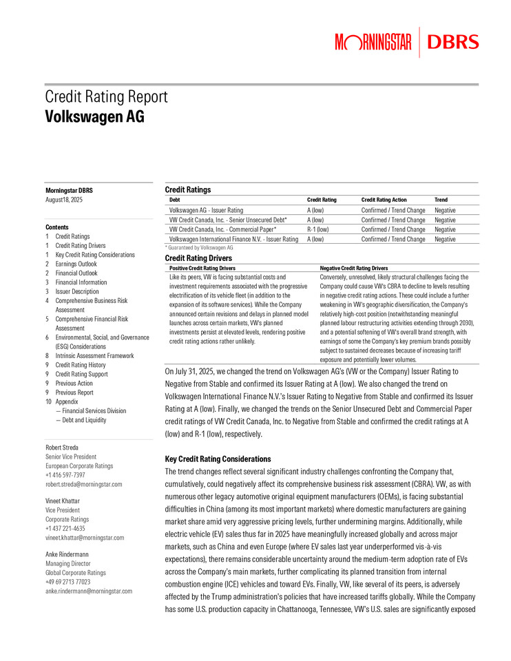 DBRS Credit Rating Report Volkswagen AG 18.08.2025