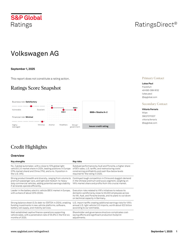 S&P Ratings Direct Volkswagen AG Release 01/09/2025
