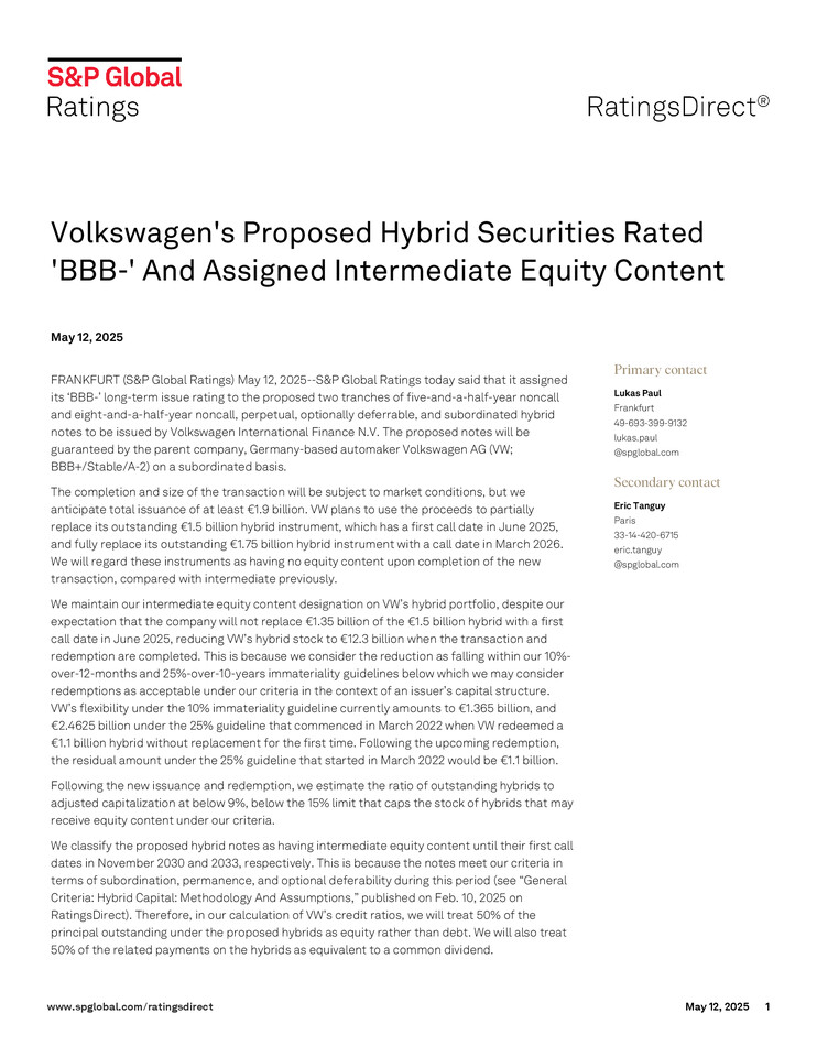 S&P Ratings Direct on Volkswagen AG's Hybrid Securities
