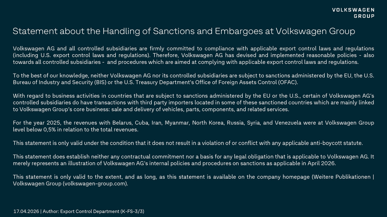 Statement about the Handling of Sanctions and Embargoes at Volkswagen Group - 17.04.2026