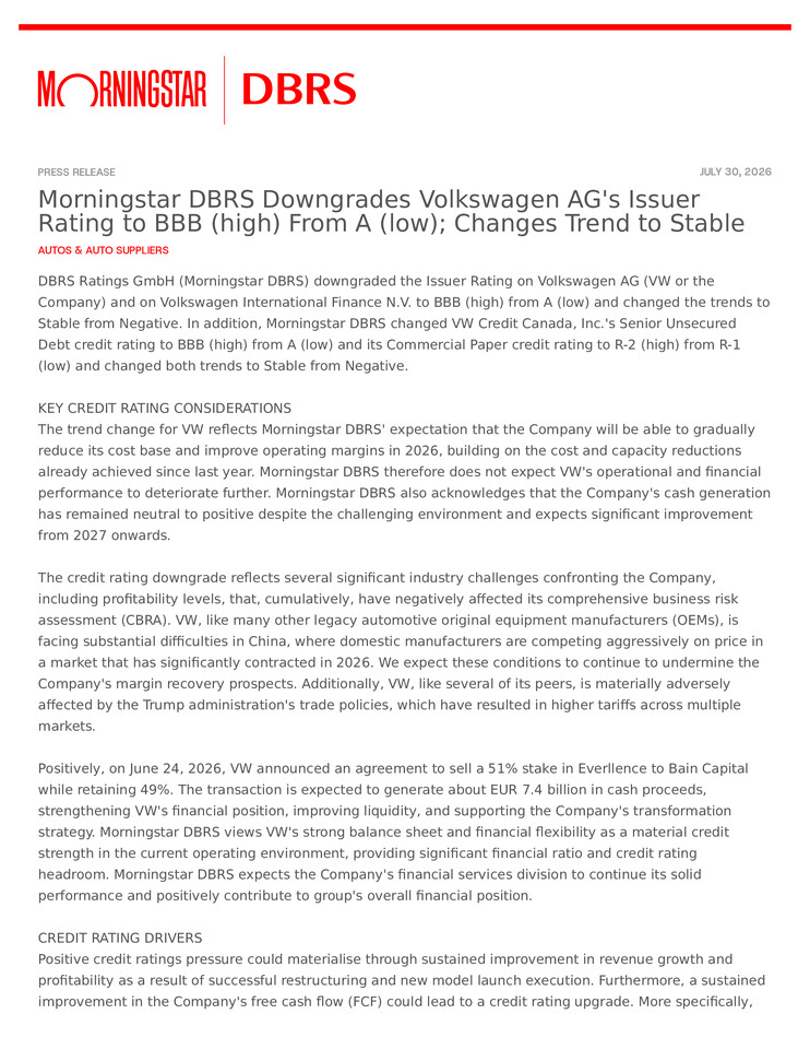 DBRS Rating Release Volkswagen AG