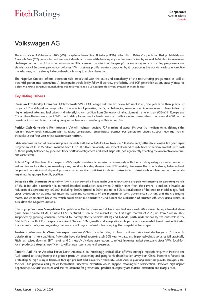 Fitch Rating Report Volkswagen AG