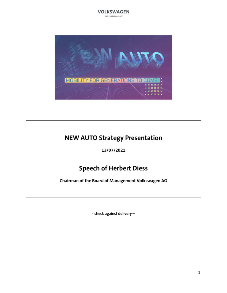 NEW AUTO Strategy Presentation - Speech of Herbert Diess, Chairman of the Board of Management Volkswagen AG