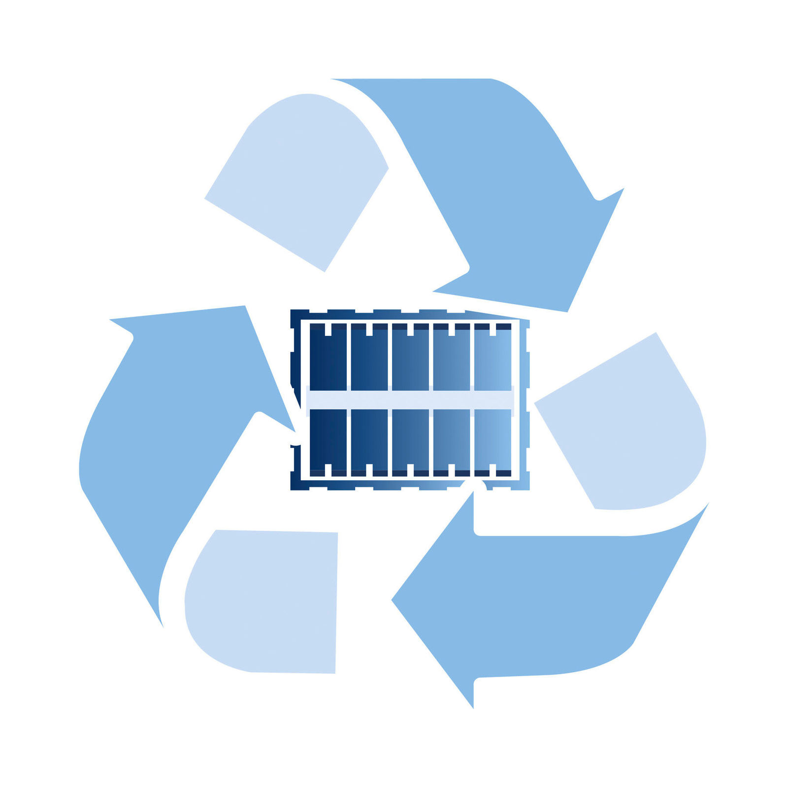 Battery recycling symbol featuring a battery pack in the center with surrounding blue recycling arrows.