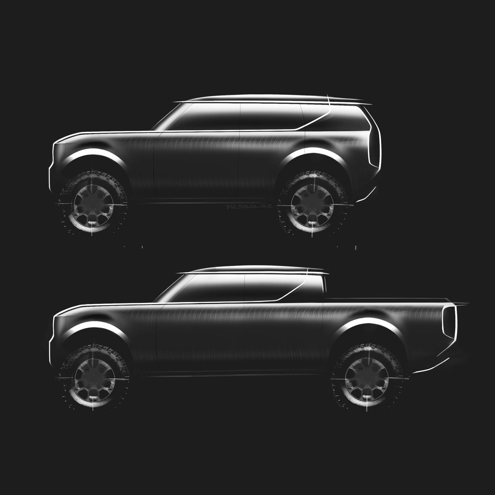 Skizze von zwei elektrischen Offroad-Fahrzeugen von Volkswagen – ein SUV und ein Pickup.