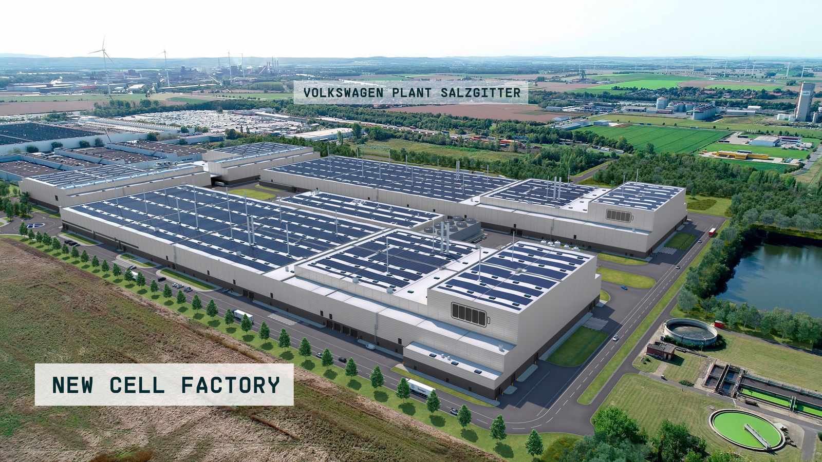 A visualization of the new Volkswagen battery cell factory in Salzgitter. This state-of-the-art facility will contribute to the creation of sustainable battery cell production for electric mobility and will play a key role in Volkswagen's green transformation.