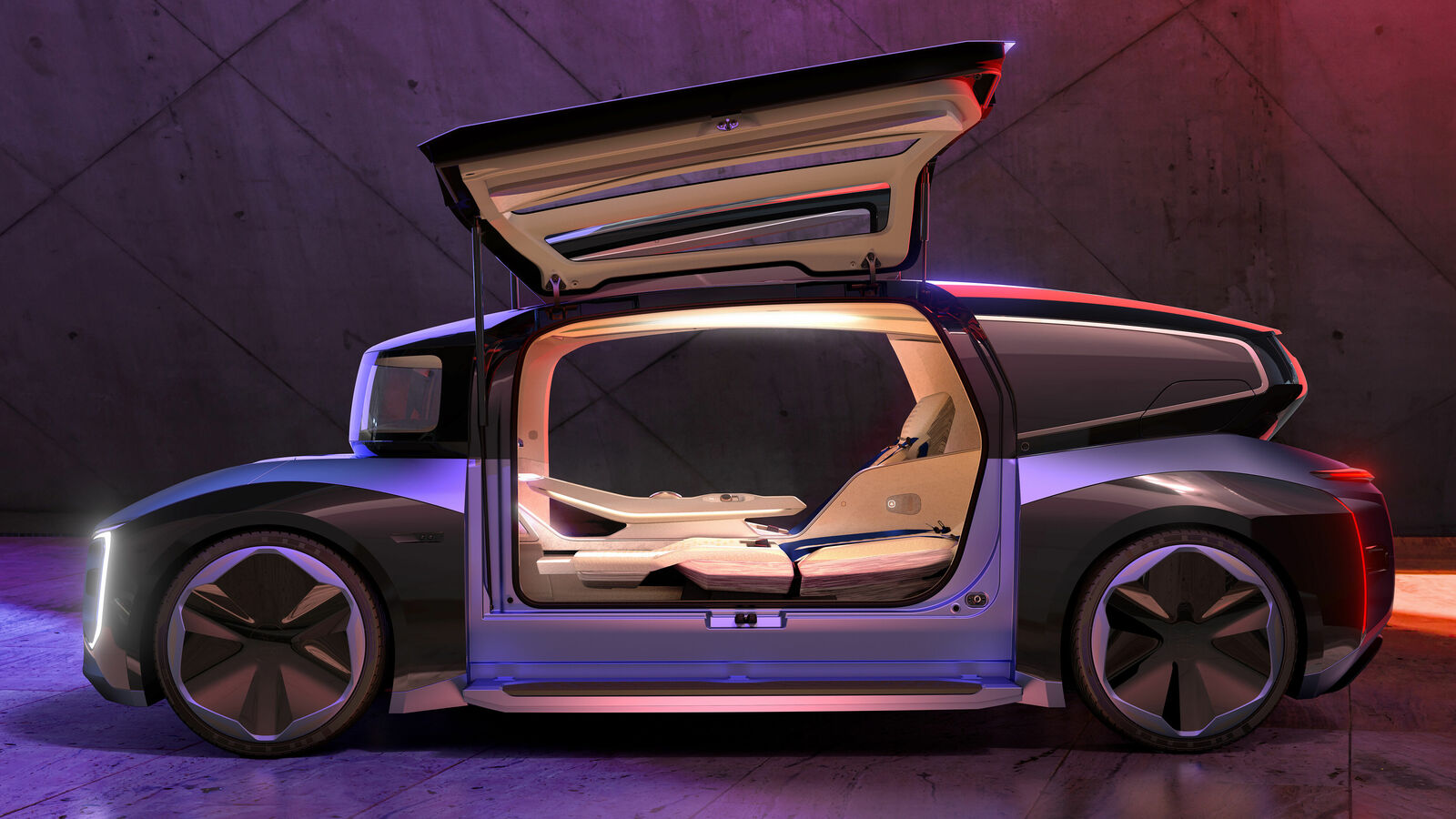 Side view of a futuristic, autonomous vehicle with a fully opened gullwing door. The brightly lit interior reveals two reclined lounge-style seats. The vehicle is set in a moody environment with purple and red lighting accents.