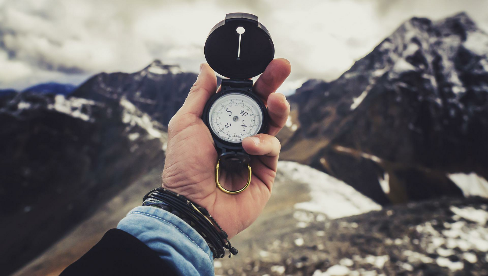 One hand holds a compass in the background you can see mountains