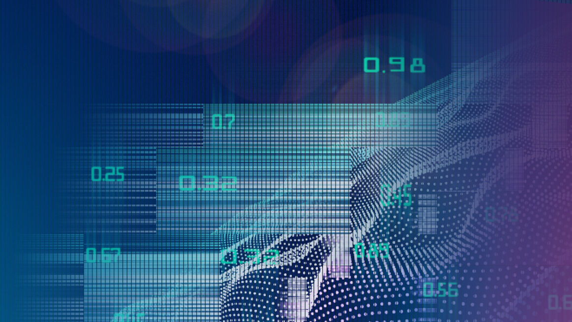 Digitale Darstellung mit Matrix-Elementen, Zahlenwerten und einem stilisierten Netzdiagramm in Blau- und Violetttönen.