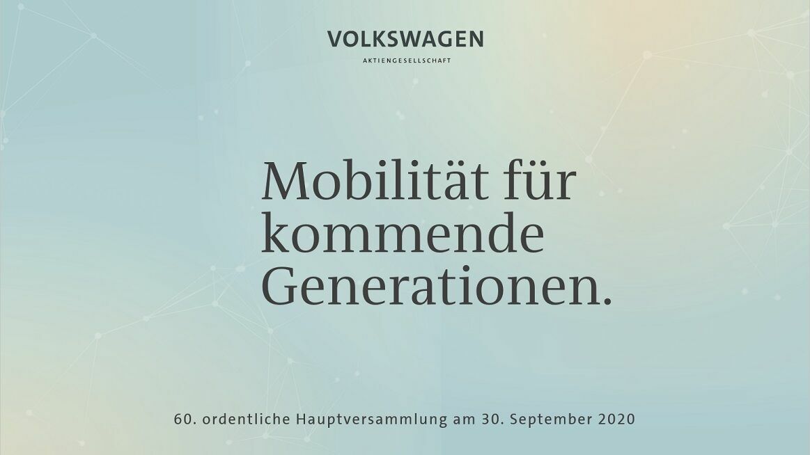 Titelbild der Volkswagen-Hauptversammlung 2020 mit dem Slogan „Mobilität für kommende Generationen“ auf hellblauem Hintergrund.