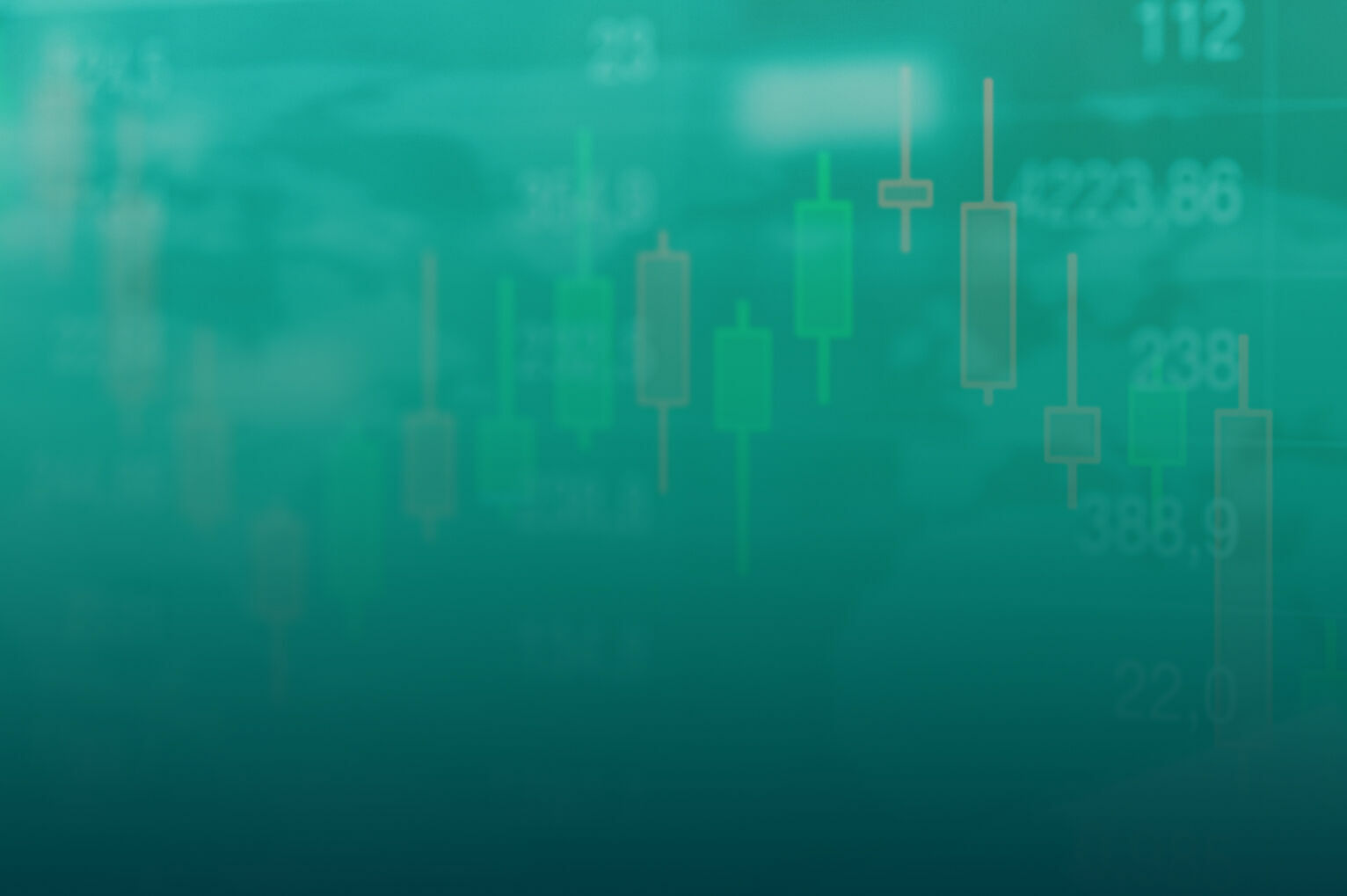 Green and orange stock candlestick charts over a blurred, digital-style background.