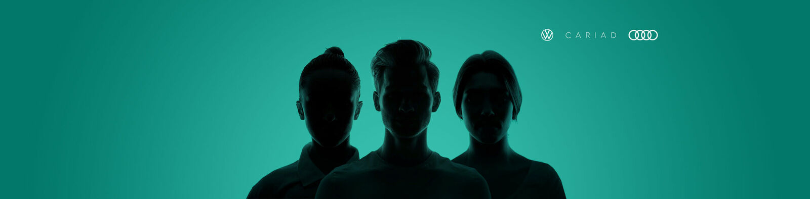 Three silhouetted individuals against a green background with the Volkswagen, CARIAD, and Audi logos.