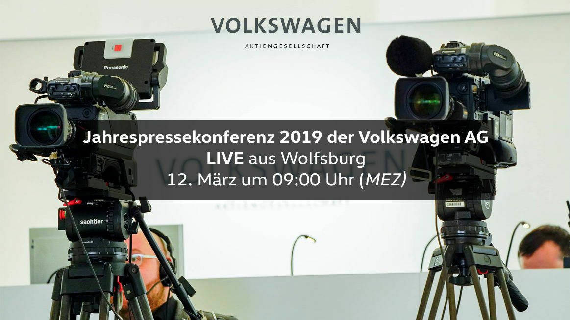 An invitation to the 2019 Annual Press Conference of Volkswagen AG, being filmed with cameras. The event is broadcast live from Wolfsburg on March 12 at 09:00 AM (CET).
