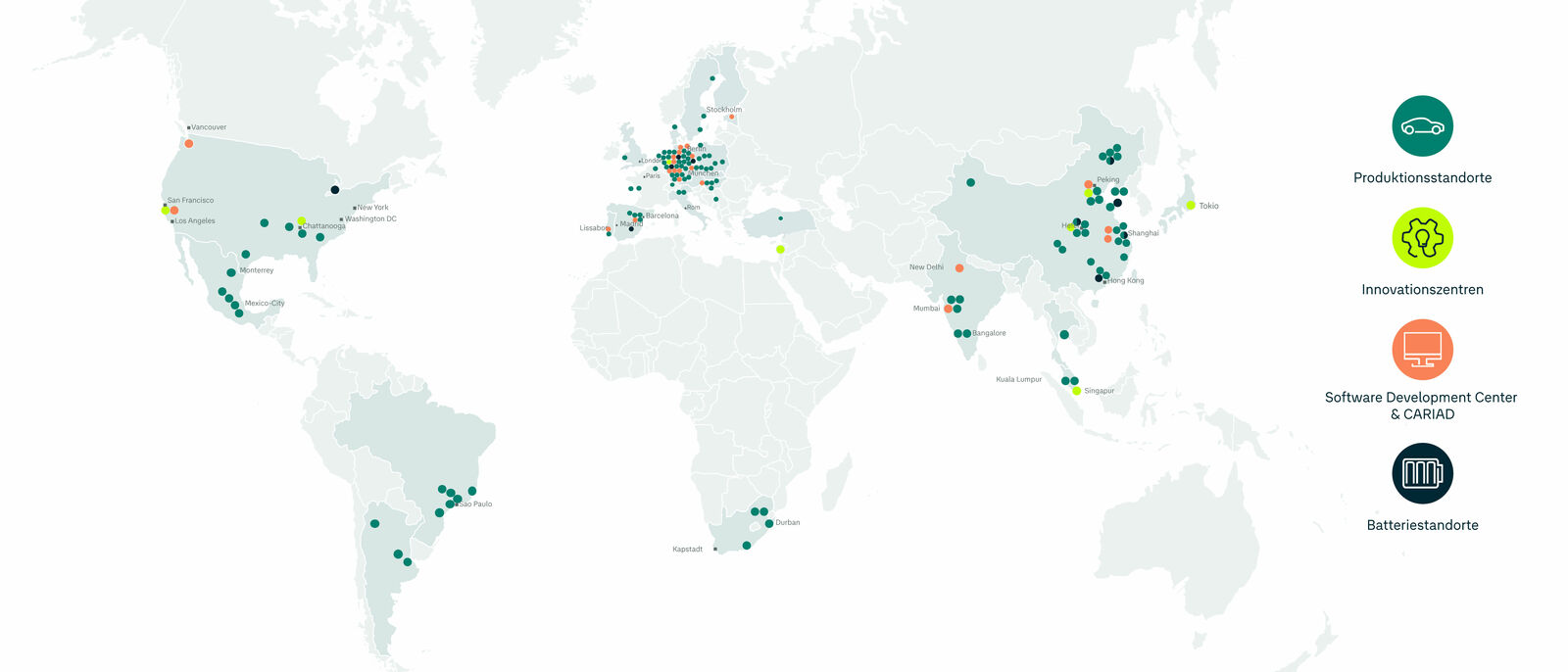Eine Weltkarte, die verschiedene Standorte eines Unternehmens markiert