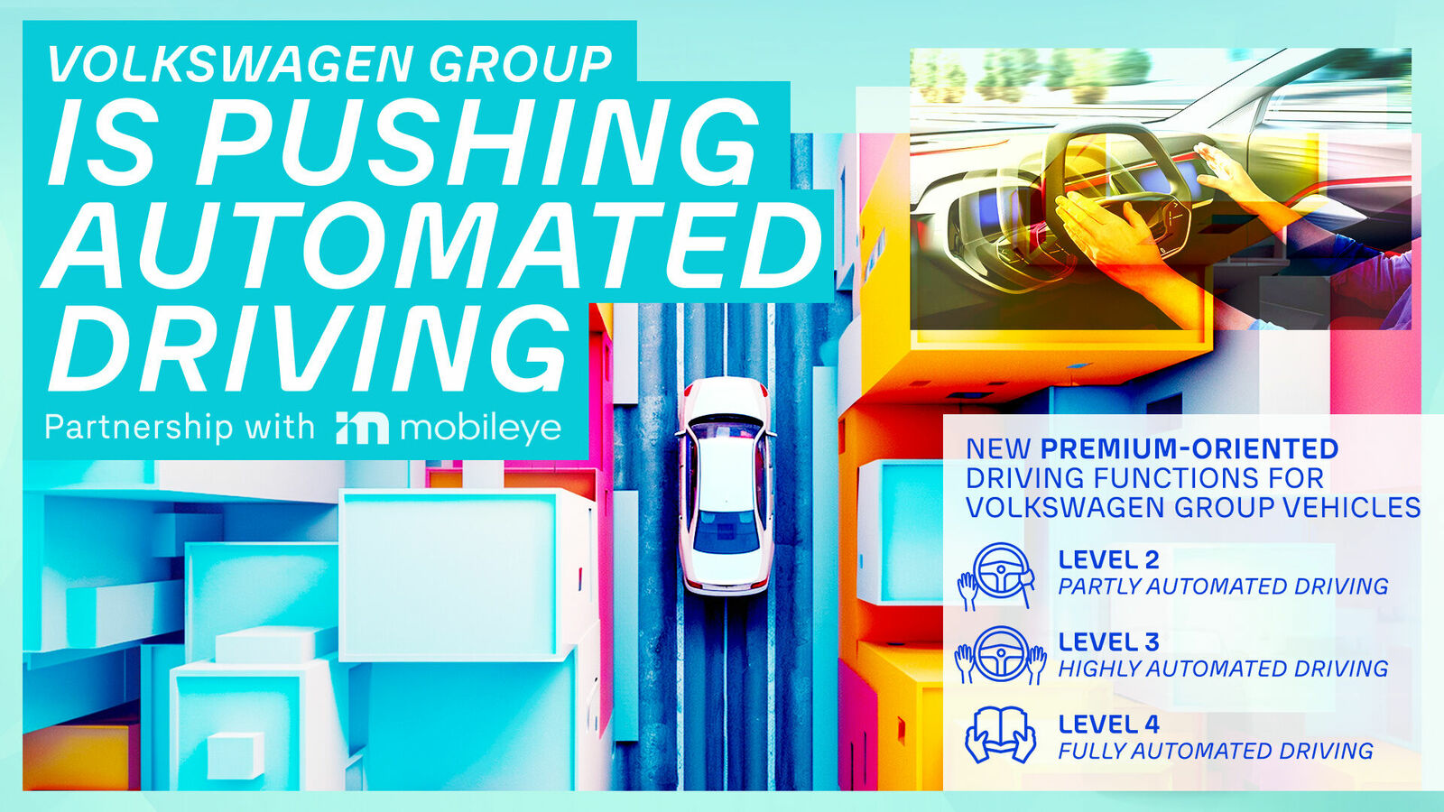 Promotional banner for Volkswagen focusing on automated driving and partnership with Mobileye.