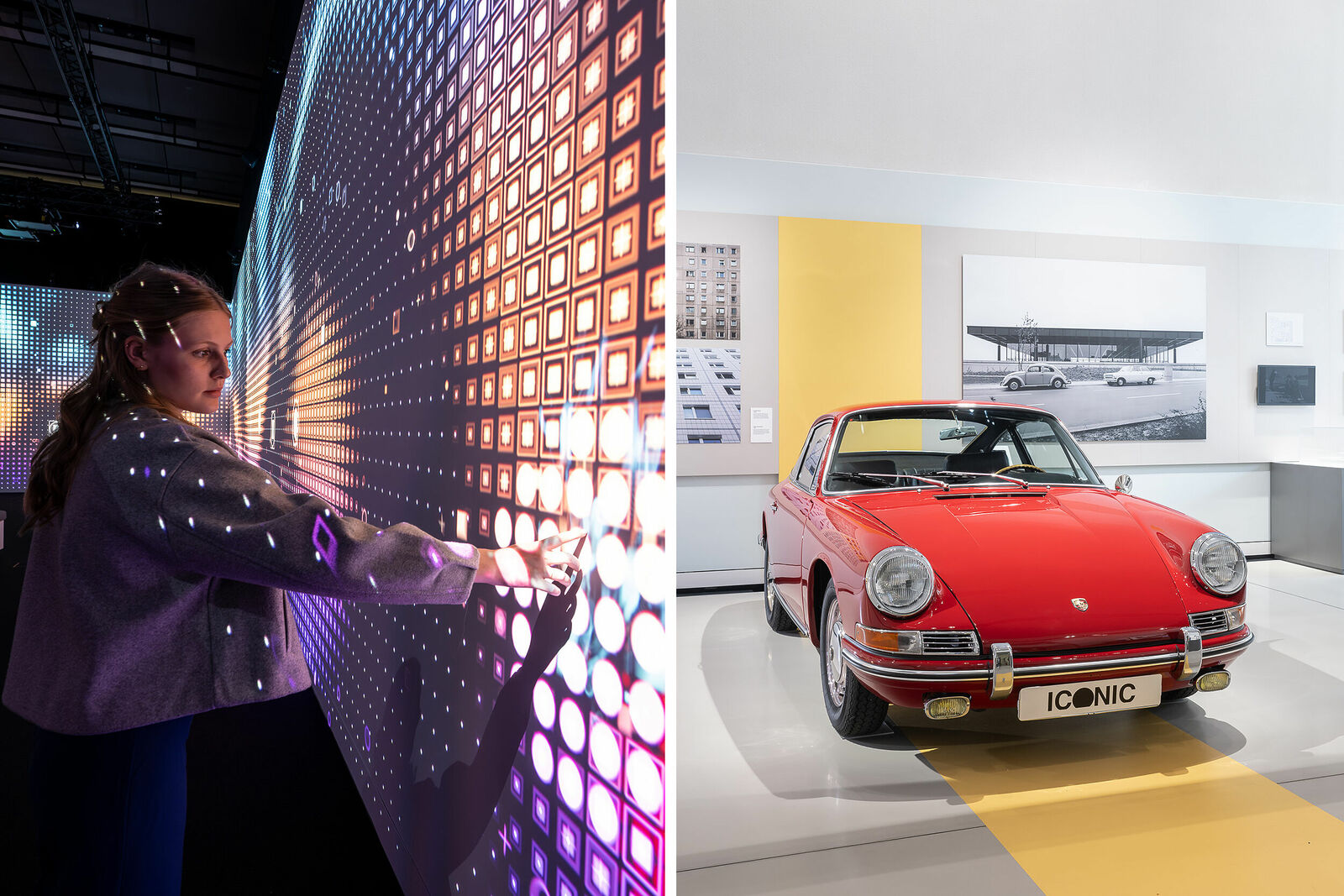 Eine Person interagiert mit einem Wanddisplay, das ein buntes Muster von leuchtenden Quadraten zeigt. Daneben ein historisches Porsche Fahrzeug.