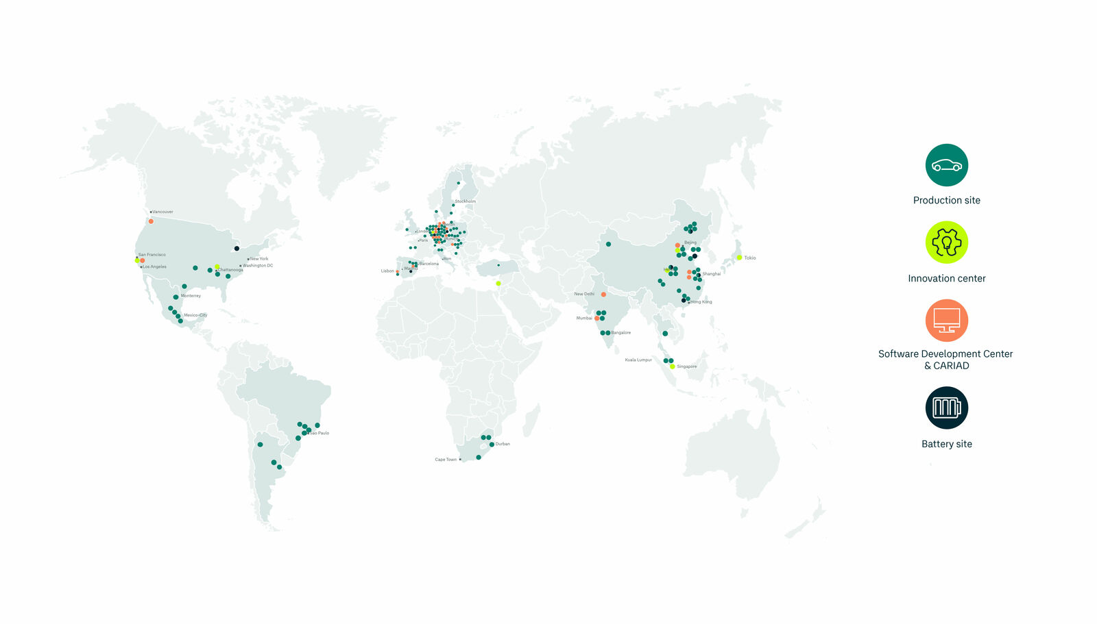 World map displaying various locations of a company, including manufacturing sites, innovation centers, software development centers, and battery sites, marked with different color symbols.