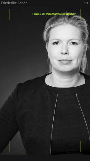 Portrait of Friederike Schön in a black and white photo, dressed in a dark dress, titled 'Faces of Volkswagen Group'.