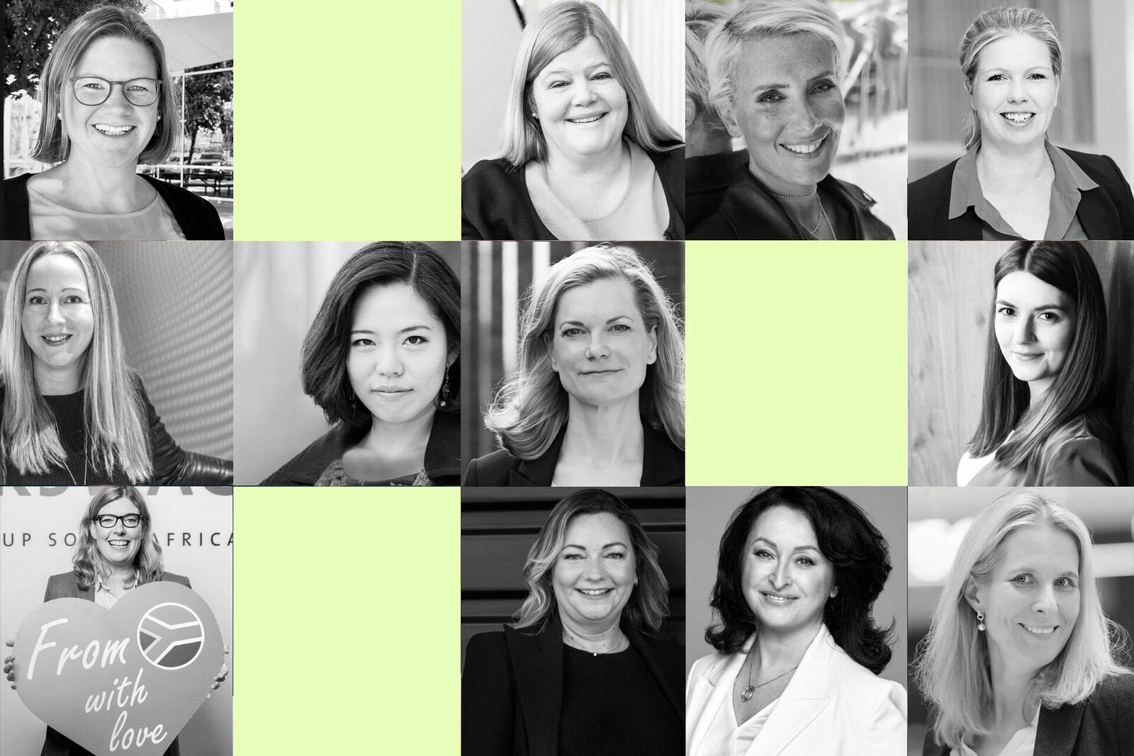 Collage of portraits of various women, some in color and some in black and white, representing the 'Faces of Volkswagen Group'.