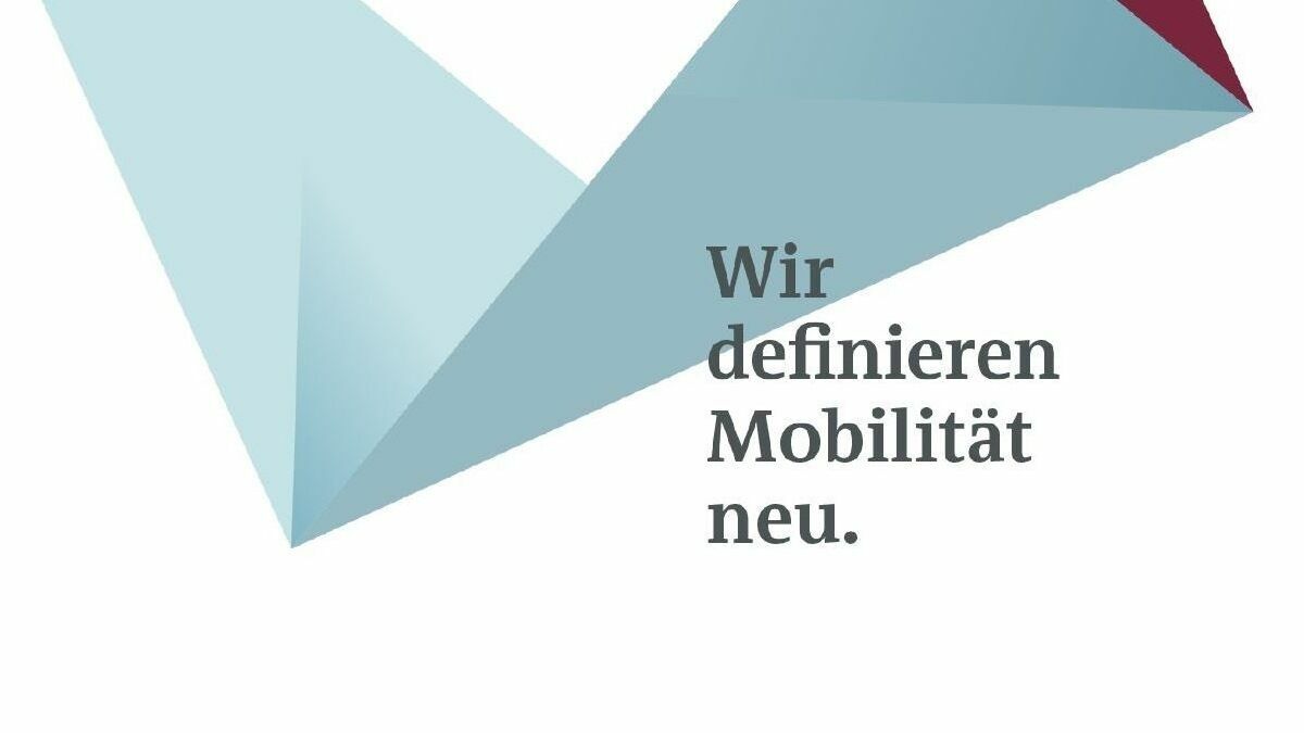 Abstrakte grafische Darstellung in Blau- und Grautönen mit dem Text "Wir definieren Mobilität neu"