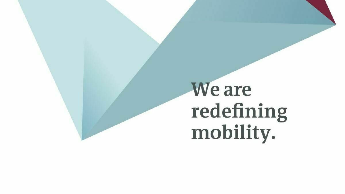 Abstract graphic in shades of blue and gray with the text "We redefine mobility"
