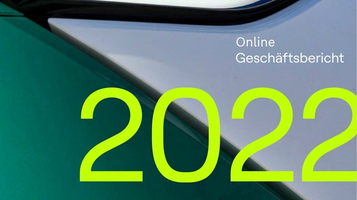 Aufschrift "2022 Online Geschäftsbericht" in neongrünen Zahlen auf türkisfarbenem Hintergrund.