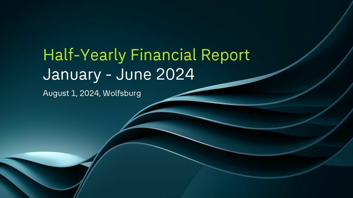 Cover image of the Volkswagen semi-annual financial report for January - June 2024 featuring a wavy blue design, released on August 1, 2024, in Wolfsburg.