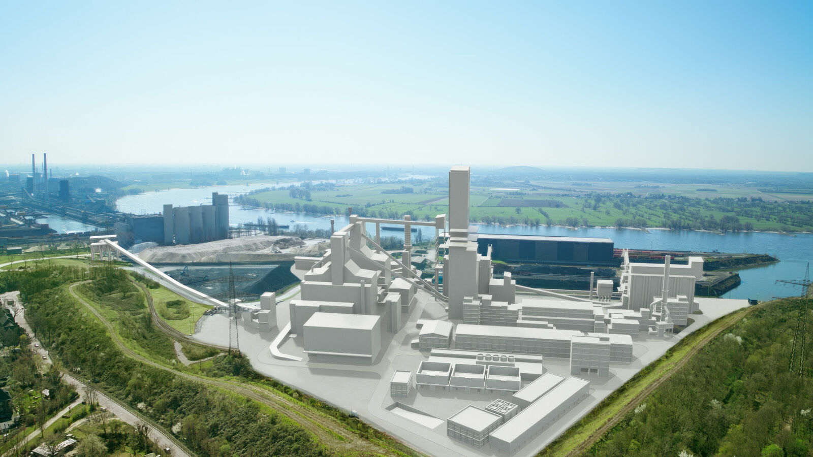 Digitales Modell des thyssenkrupp Steel-Werks mit Ausblick auf die Landschaft und das nahegelegene Wasser, zeigt das industrielle Produktionsgelände.
