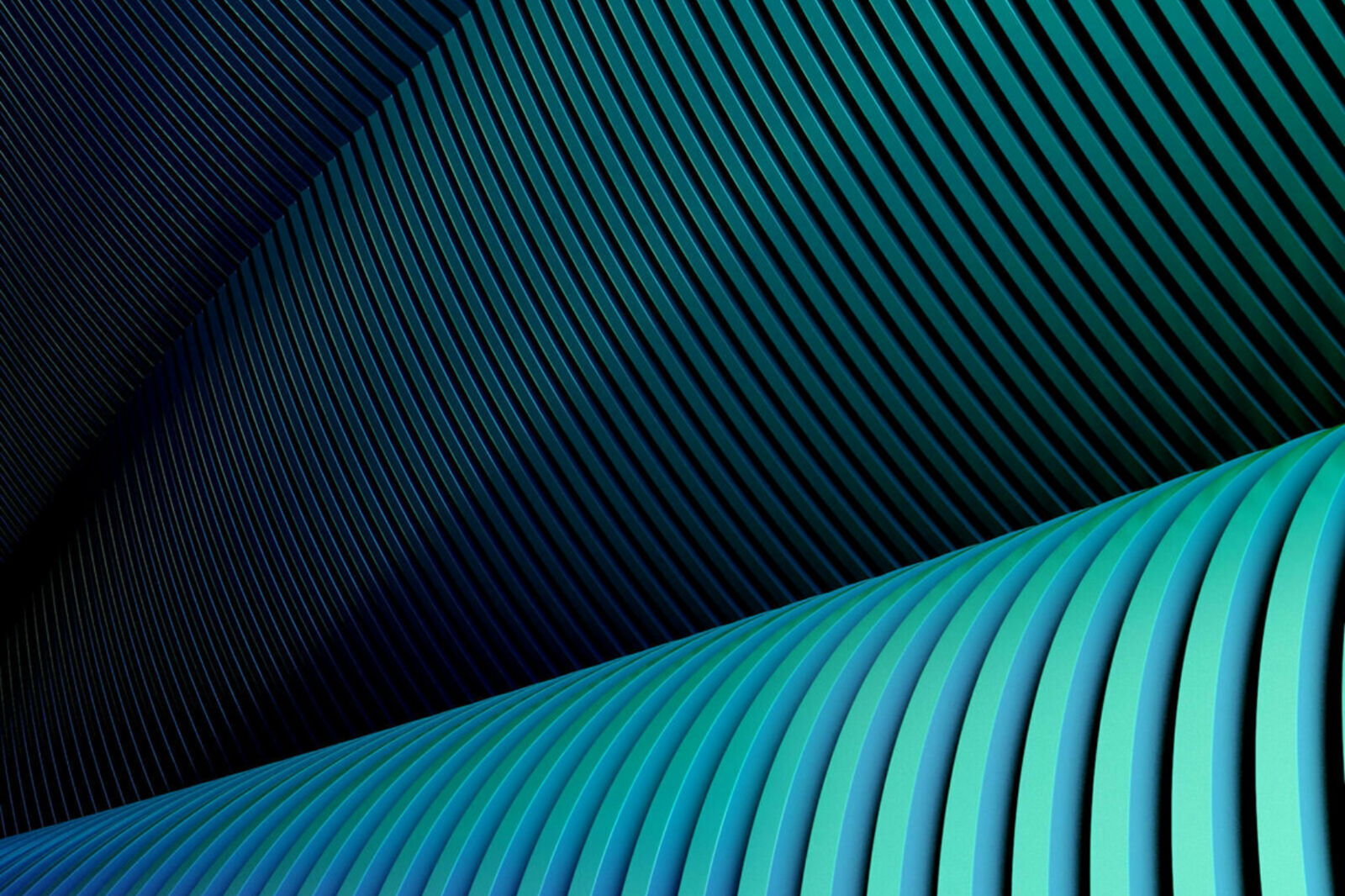 Abstract diagonal lines and wave shapes in blue and green tones on a dark background.