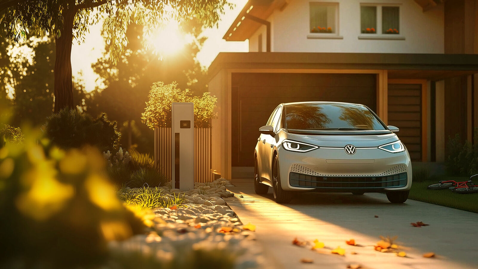 A white electric car is parked at sunset in front of a home beside a charging station, overlaid with the text “business+.”