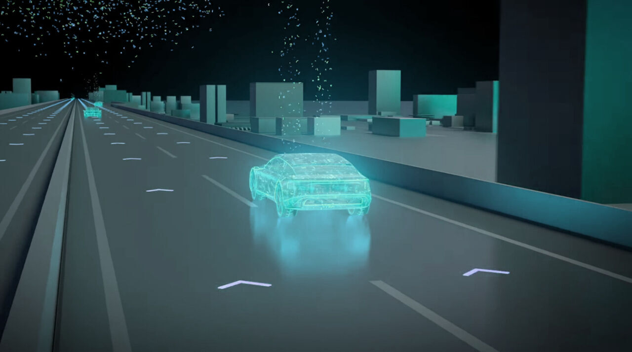 Digitale Darstellung eines autonomen Fahrzeugs auf einer mehrspurigen Straße mit futuristischer Stadtumgebung.