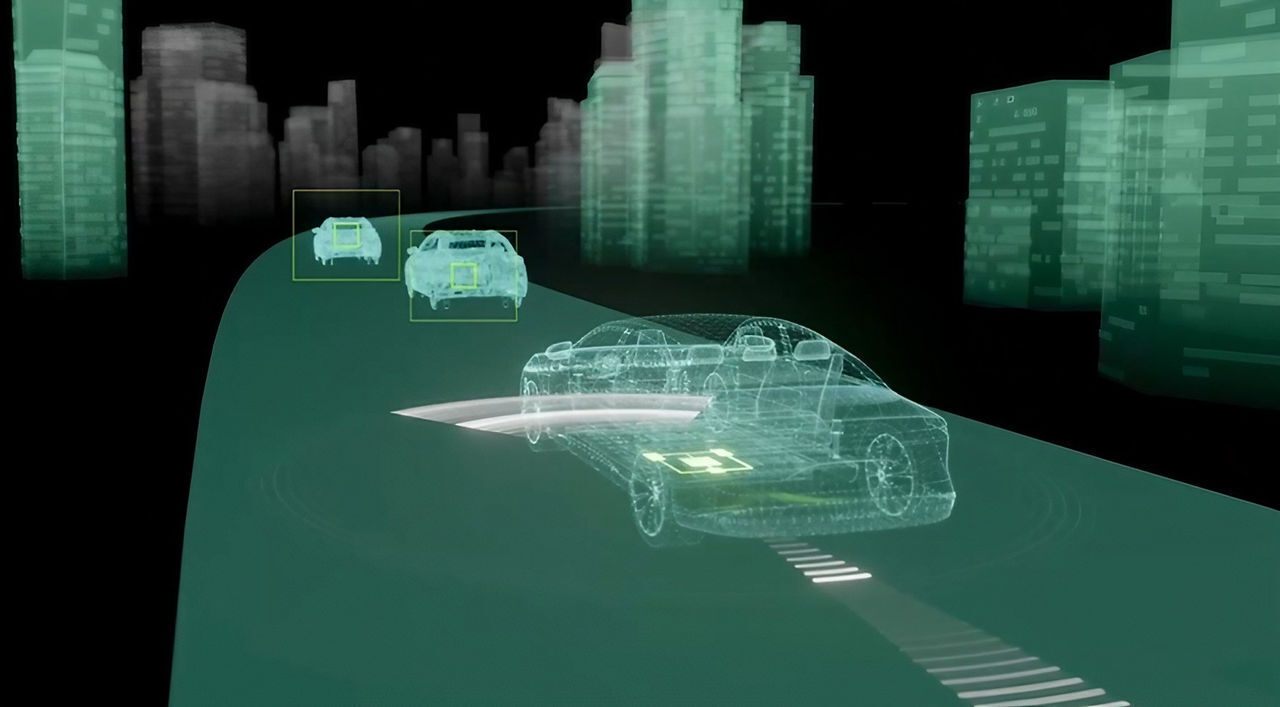 Digitale Visualisierung eines selbstfahrenden Autos mit Sensorerkennung auf einer Straße in einer Stadtumgebung.