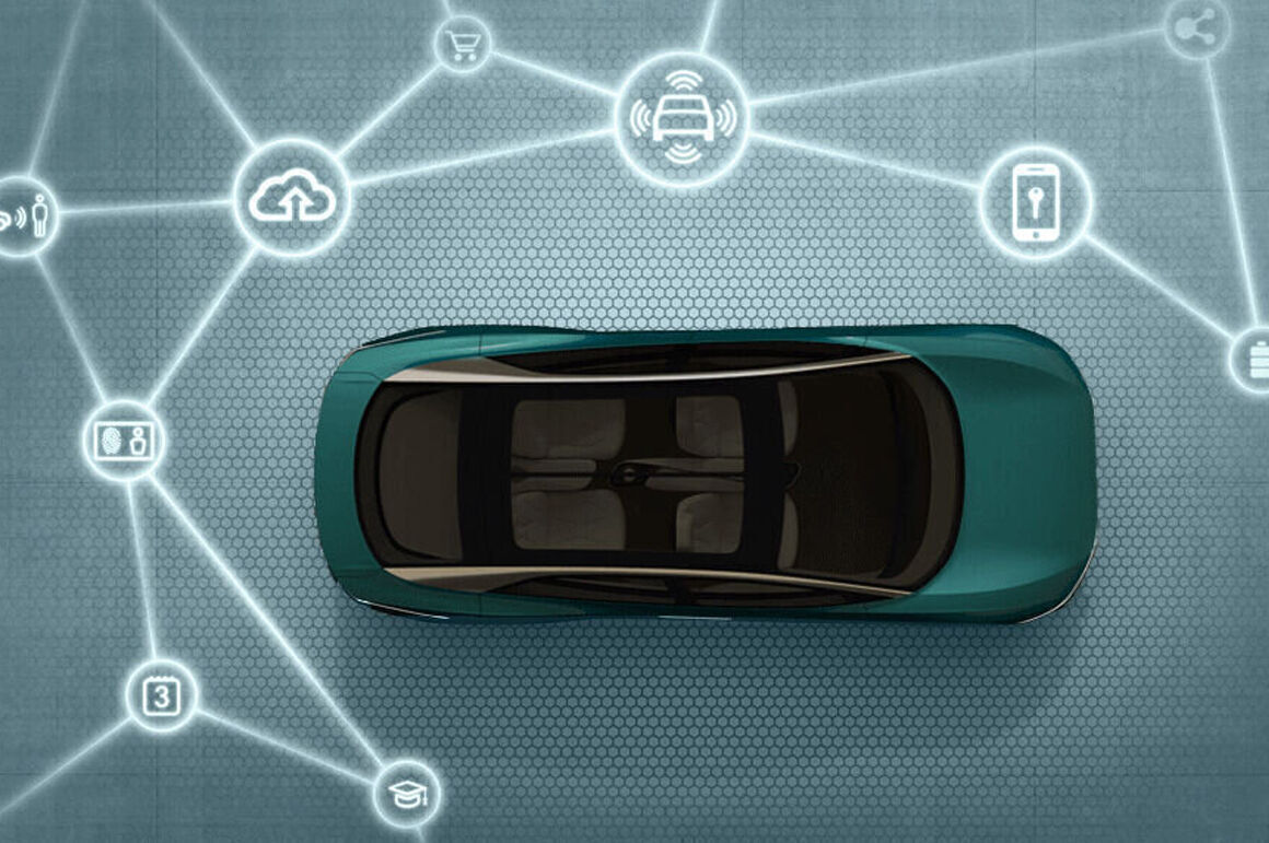 Grafische Darstellung eines vernetzten Autos von oben, umgeben von Symbolen für digitale Dienste und Konnektivität.