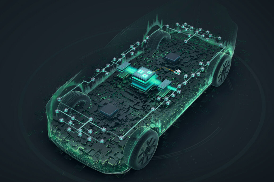 Digital visualization of an electric vehicle with transparent chassis highlighting battery modules and electronic systems.