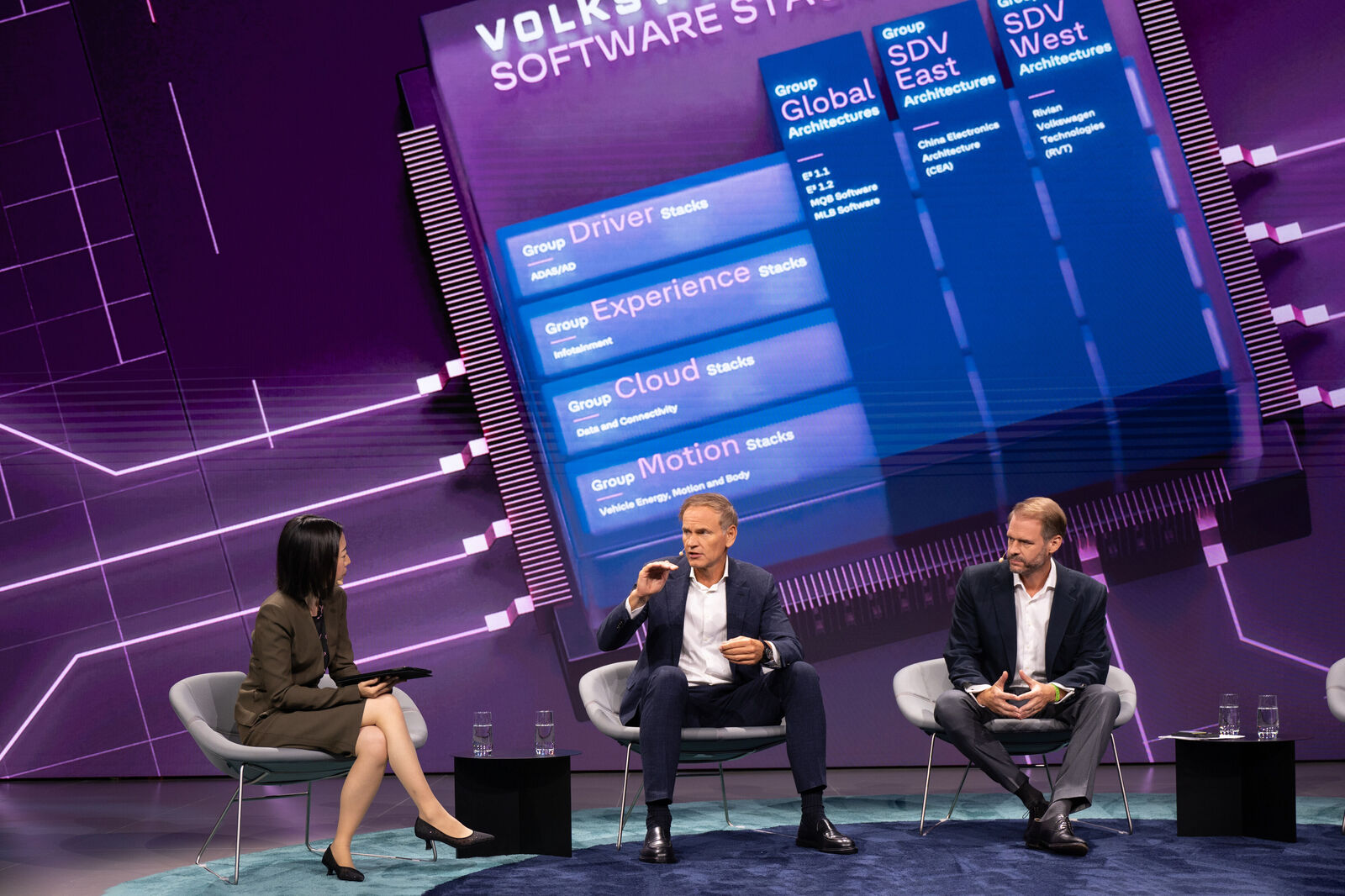 Kana Inagaki (Financial Times), Oliver Blume (CEO, Volkswagen Group & Porsche AG) and Peter Bosch (CEO, CARIAD) at the Opening Talk: Software as Driver for the European Automative Industry