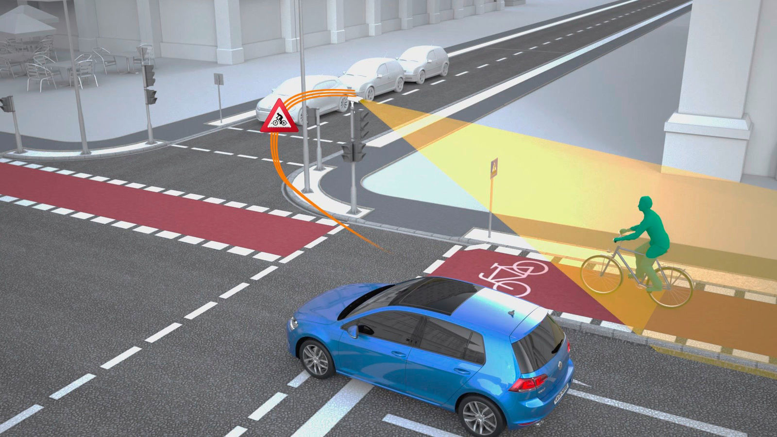 Sensoren an der Ampel erfassen den Radfahrer und warnen den Autofahrer