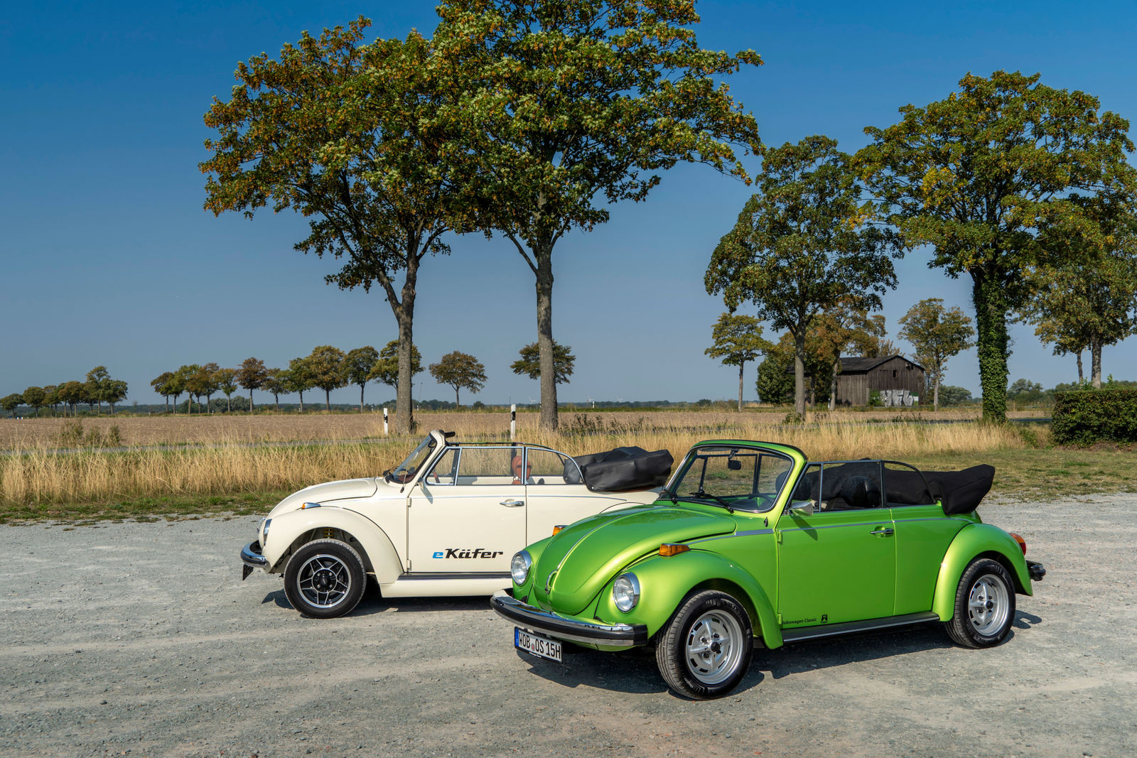 The e-Beetle and a green Beetle with boxer engine