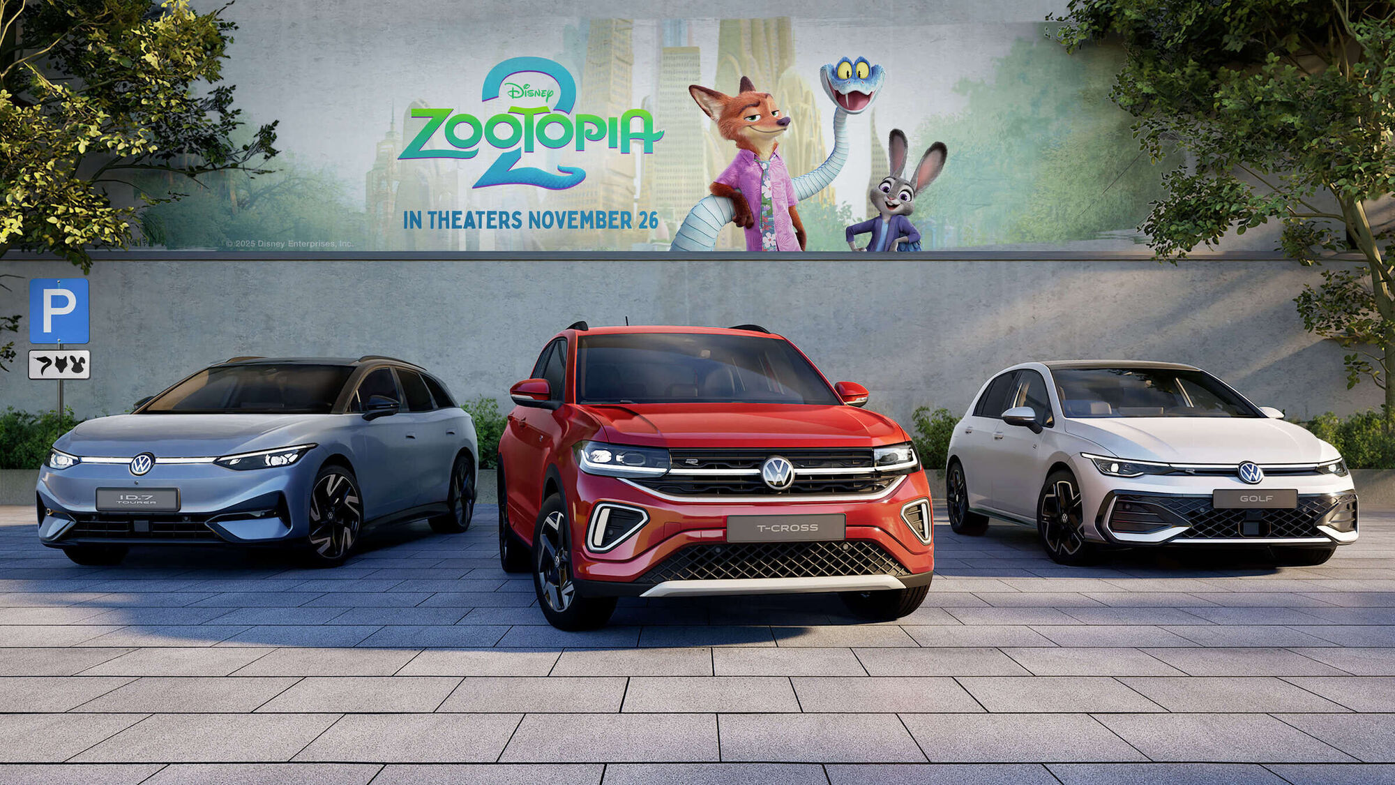 Modrý ID.7 Tourer, červený T-Cross a biely Golf pod plagátom Zootopia 2